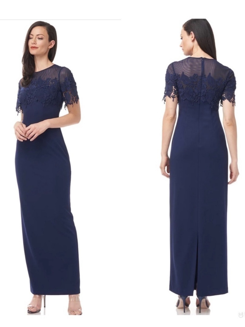 NWT JS Collections Navy Illusion Embroidered Lace Column Gown Dress Size 10